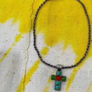 Turquoise and Coral Cross Necklace